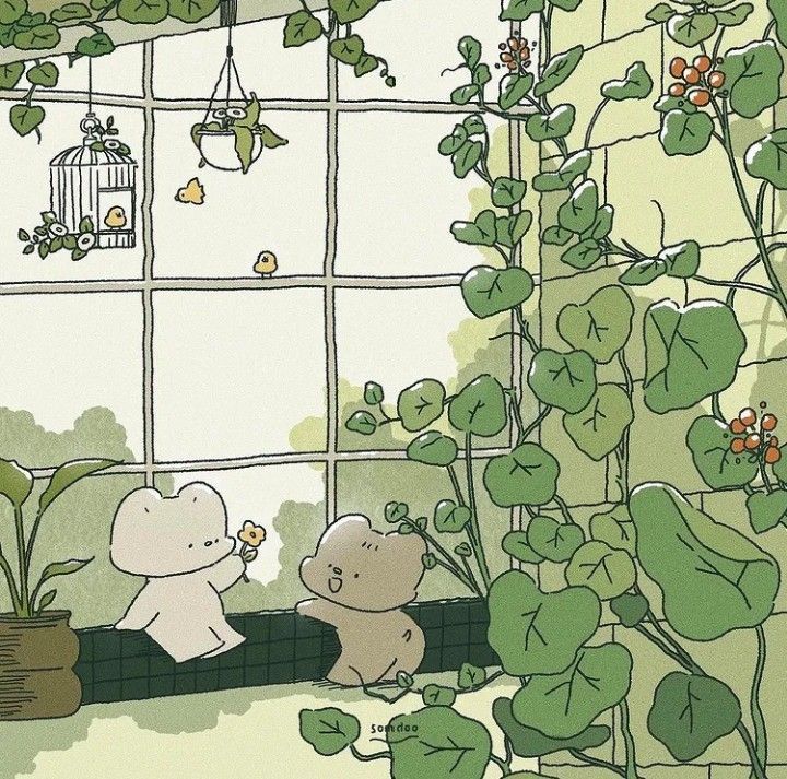 two teddy bears are sitting in front of a window with green plants and birdcages