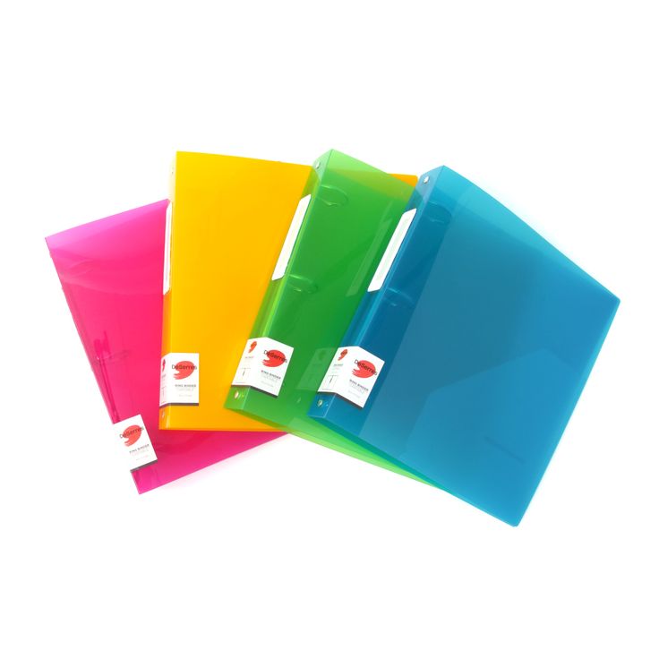 three colored folders are stacked on top of each other