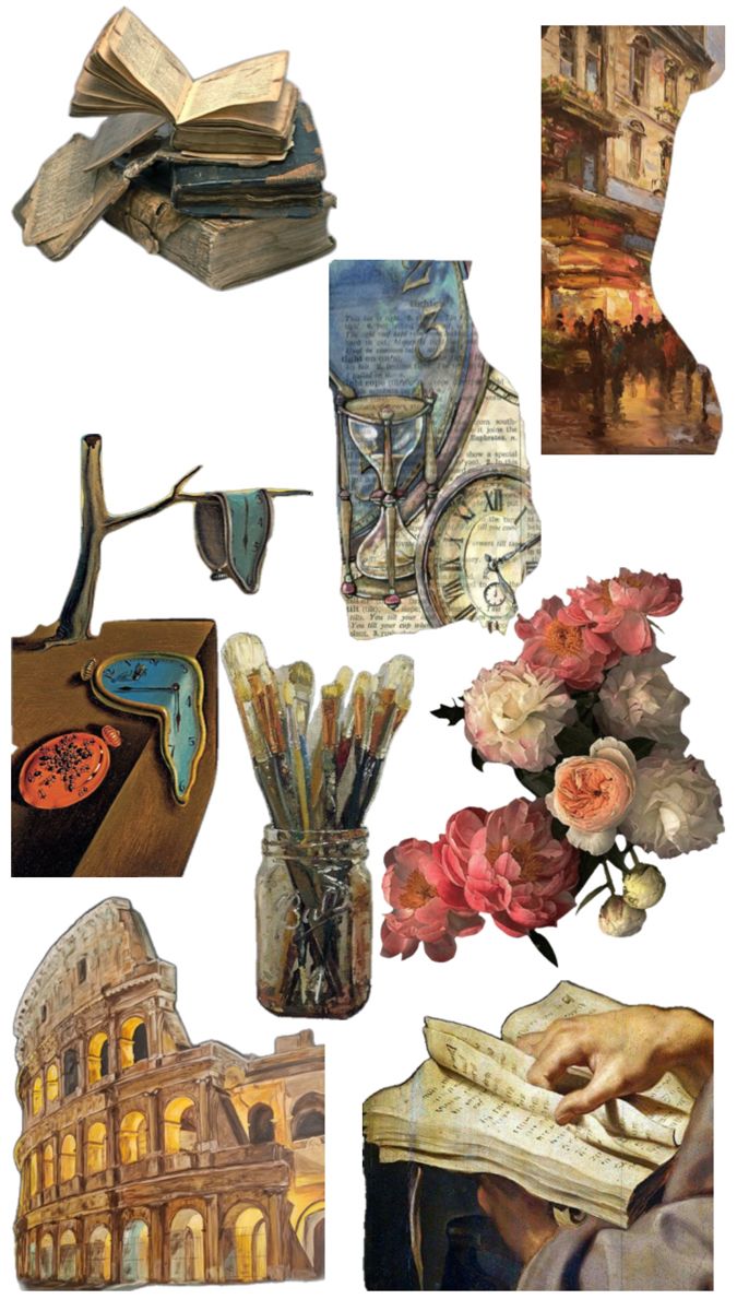 collage of art images including books, flowers and vases with writing utensils