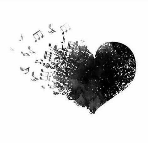 a black and white heart with musical notes coming out of it's back side