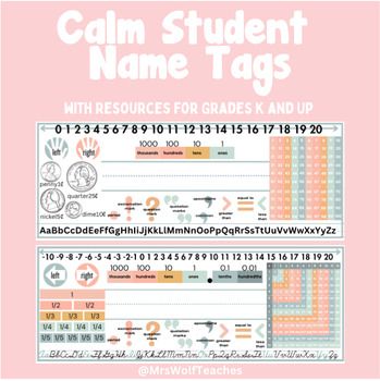 a pink background with the words calm student name tags and numbers on it, in front of