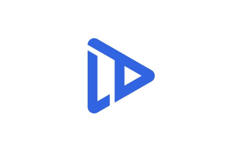 a blue triangle logo with the letter d in it's center, on a white background