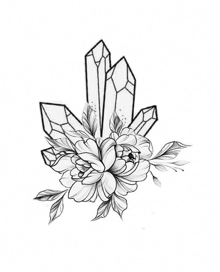 a black and white drawing of a flower with crystals on it's back side