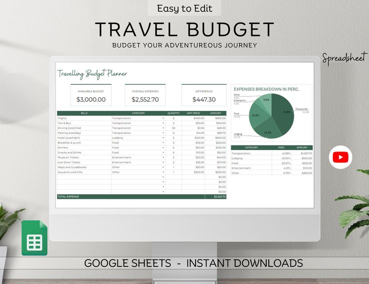 the travel budget spreadsheet is displayed on a computer screen with plant and potted plants