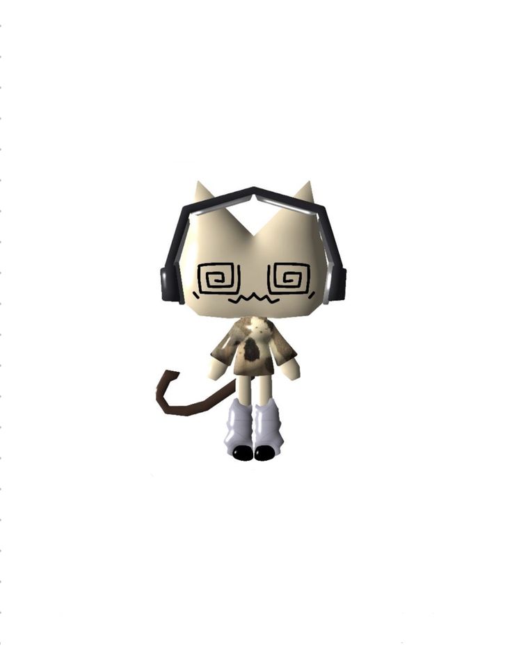 an animated cat with headphones on standing in front of a white background and text