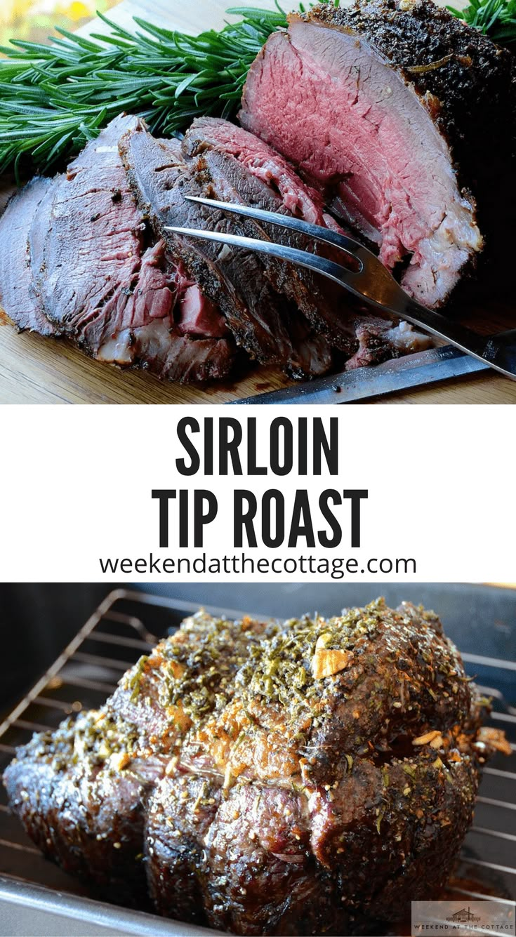 sliced roast beef sitting on top of a grill next to a knife and some herbs