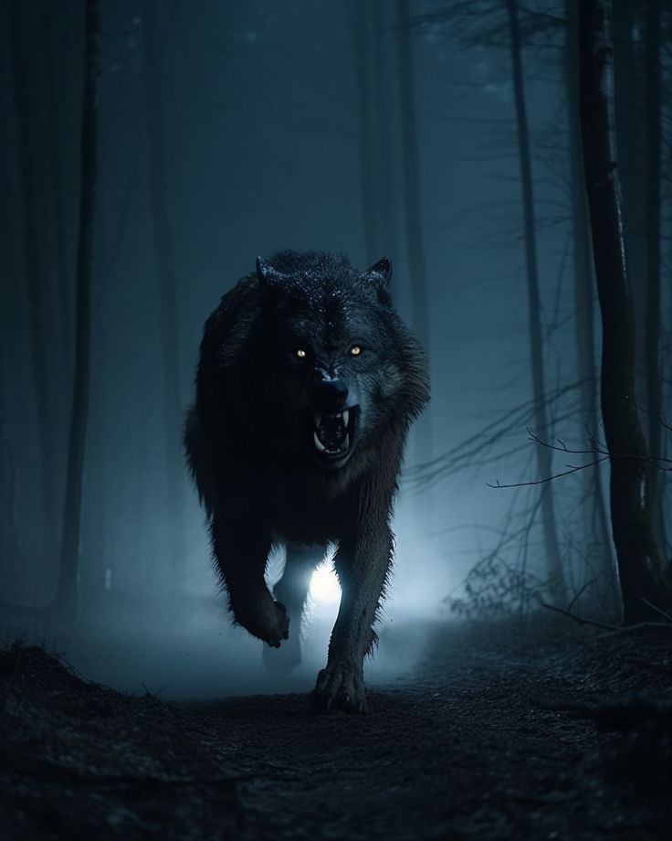 a black wolf is running through the woods at night with its head turned towards the camera