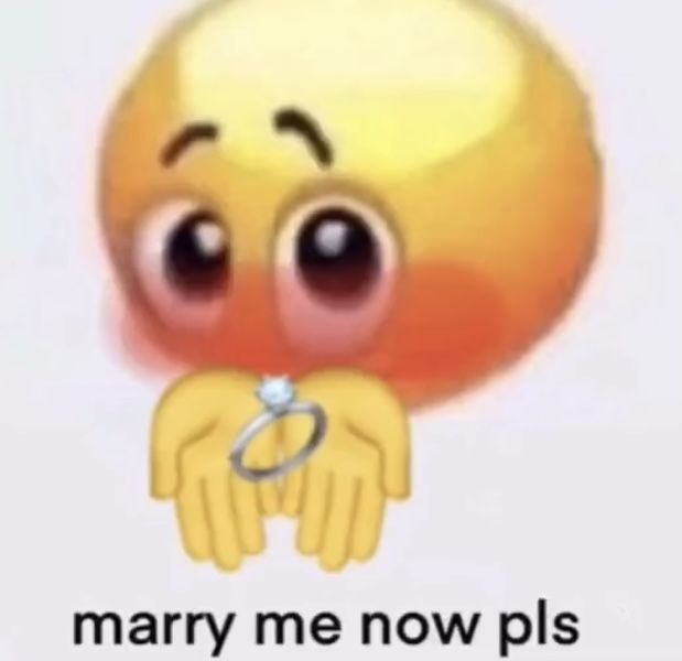 a yellow emoticon with a ring on it's finger saying marry me now pls