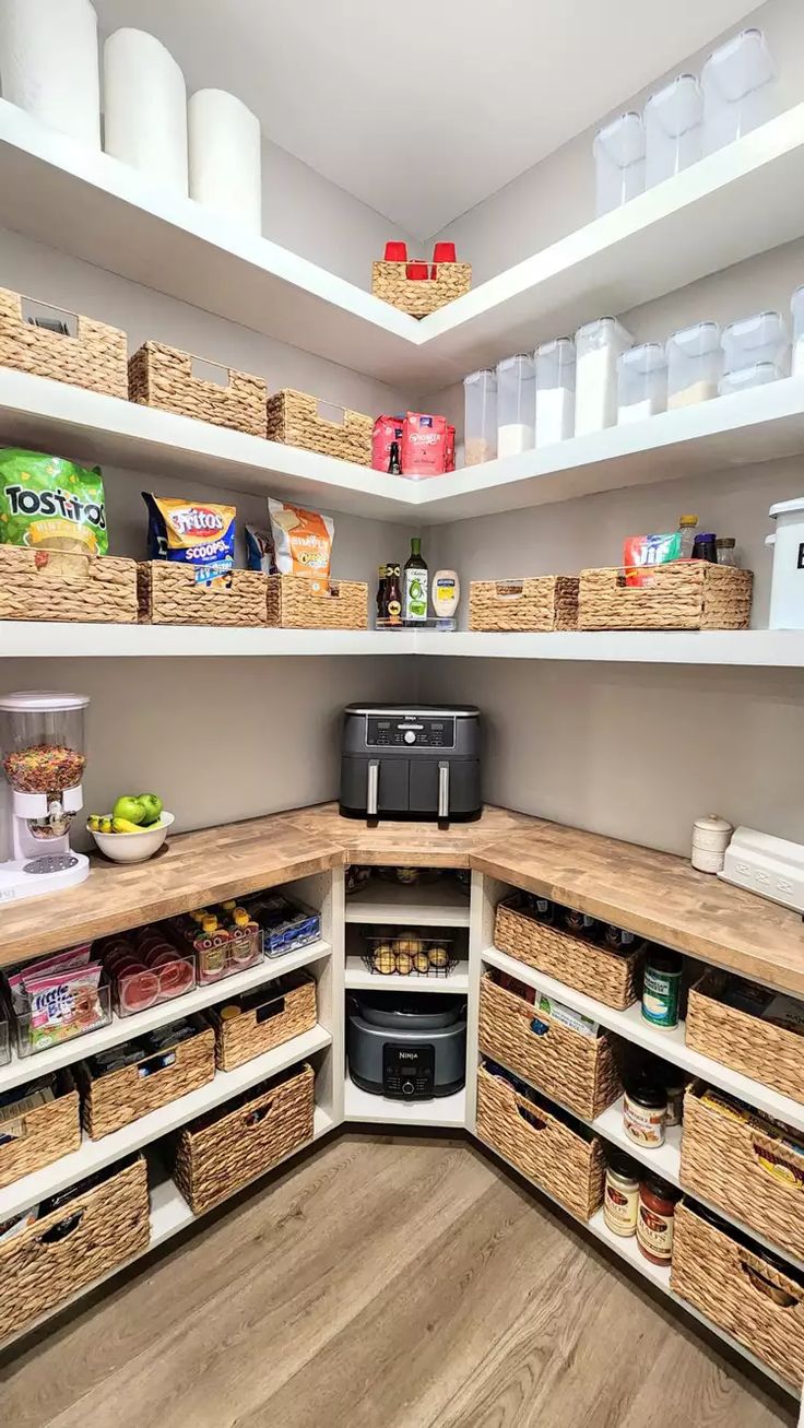 an organized pantry with baskets and food items