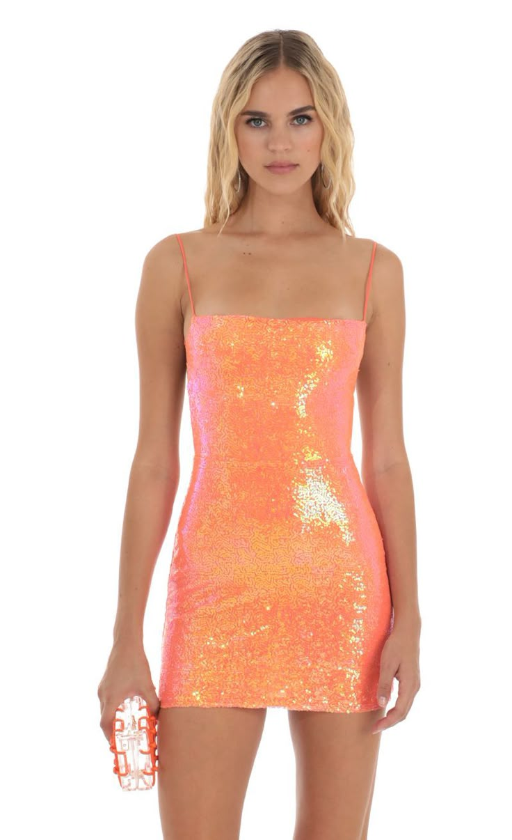 Sequin Dress in Orange | LUCY IN THE SKY Orange Hoco Dress, Sparkly Hoco Dress, 8th Grade Dance Dresses, Hoco Dress Ideas, Orange Homecoming Dresses, Hoco Inspo, 8th Grade Dance, Cute Formal Dresses, School Dance Dresses