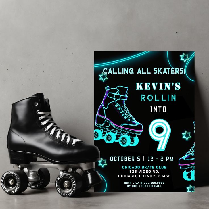 Retro Fun Neon Glow Roller Skate Birthday Invitation Roller Rink Birthday Party, Roller Rink Birthday, Roller Skate Invitations, Skate Invitations, Roller Skating Birthday Invitations, Roller Skate Birthday, Glow Design, Throwback Party, Skate Birthday