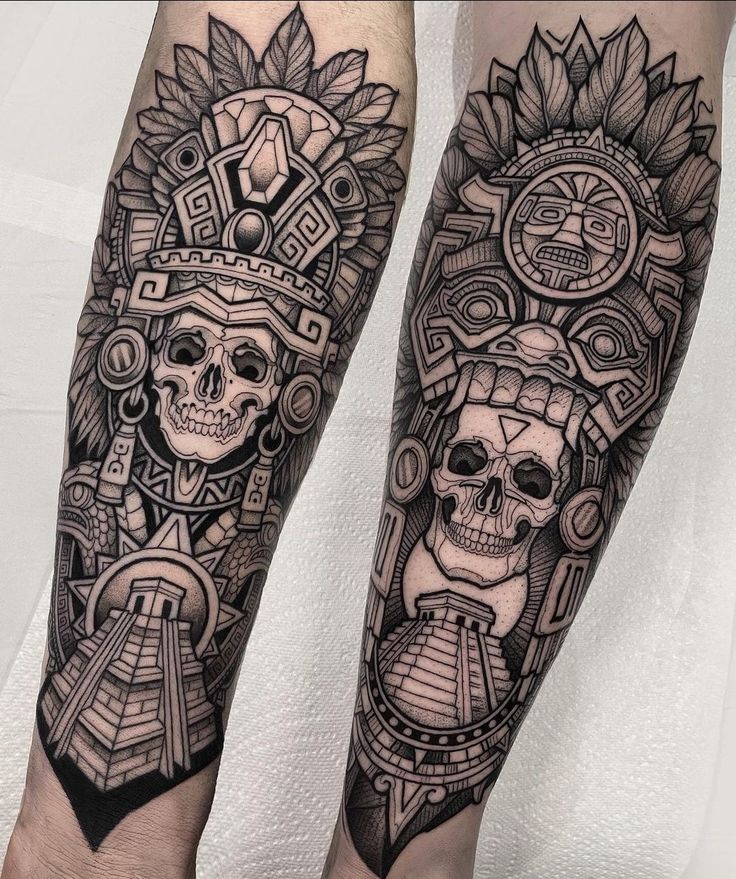 two tattoos on both legs with skulls and sunflowers