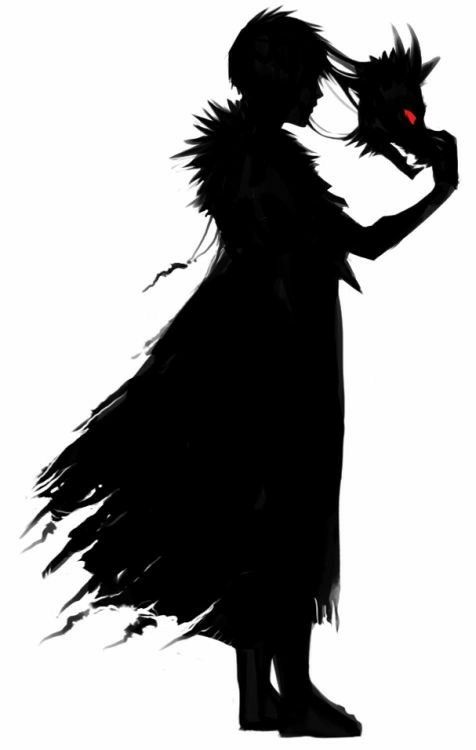 the silhouette of a demon with red eyes and long hair, standing in front of a white background