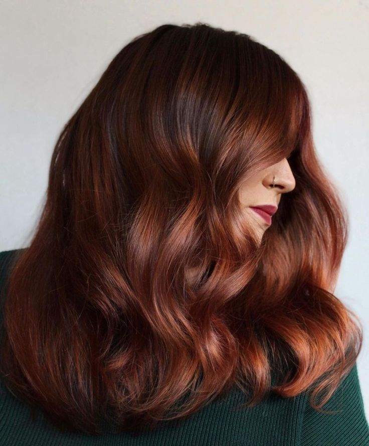 Copper Highlights on Dark Brown Hair Smoky Copper Hair, Copper Mohagany Hair Color, Short Hairstyle Women Copper Hair, Dimensional Dark Copper Hair, Copper Hair With Brown Shadow Root, Bronzed Copper Hair, Dark Copper Hair With Bangs, Burnt Copper Hair Color, Dark Auburn Copper Hair