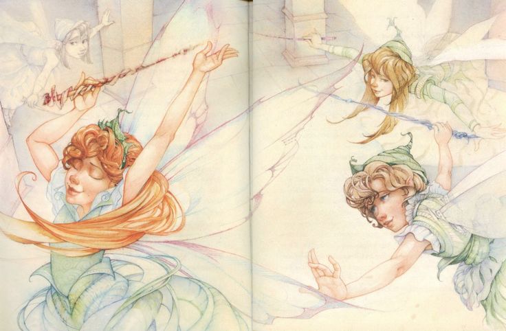 an open book with two fairy illustrations on the pages and one drawing of a woman holding a wand