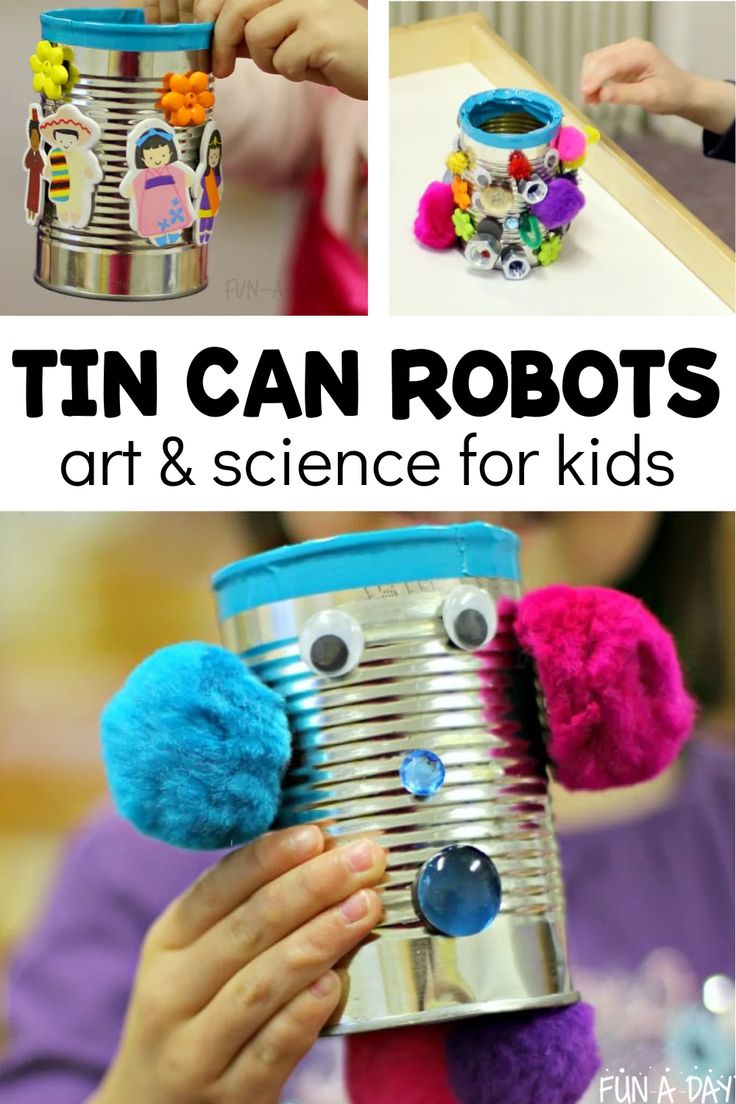 Let the kids go wild making tin can robots with simple materials from your craft stash! Perfect for your next preschool, pre-k, or kindergarten robot unit. Love the twist to make it transient art and science. Click on the Fun-A-Day.com link for all the details. Transient Art, Tin Can Robots, Robots Art, Robot Craft, Robot Theme, Craft Stash, Art And Science, Robot Art, Go Wild