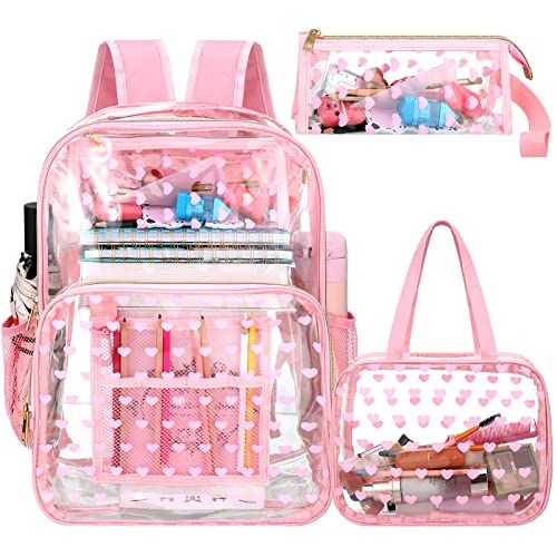 🤩 Shop and Save big on 3 Pieces Clear Backpack Stadium Approved Backpack for Girls Clear Stadium Backpack Set Clear Tote Backpack for Women, 16.9 x 12 x 6.5 Inch (Heart Style) from the department, and more from 🛍️ The Retail Market Clear Bookbag, Clear Lunch Bag, Transparent Backpack, Clear Backpacks, Pink Lunch Bag, Clear Stadium Bag, Clear Backpack, Aesthetic Backpack, Stadium Bag