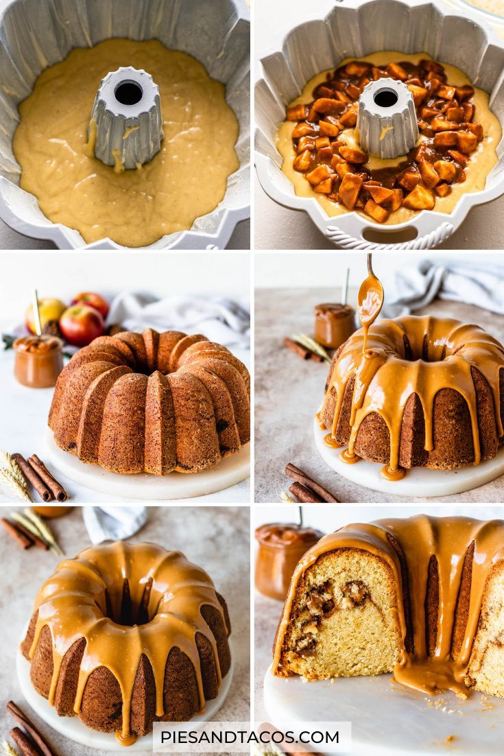 the steps to make a bundt cake with caramel icing and apples on top