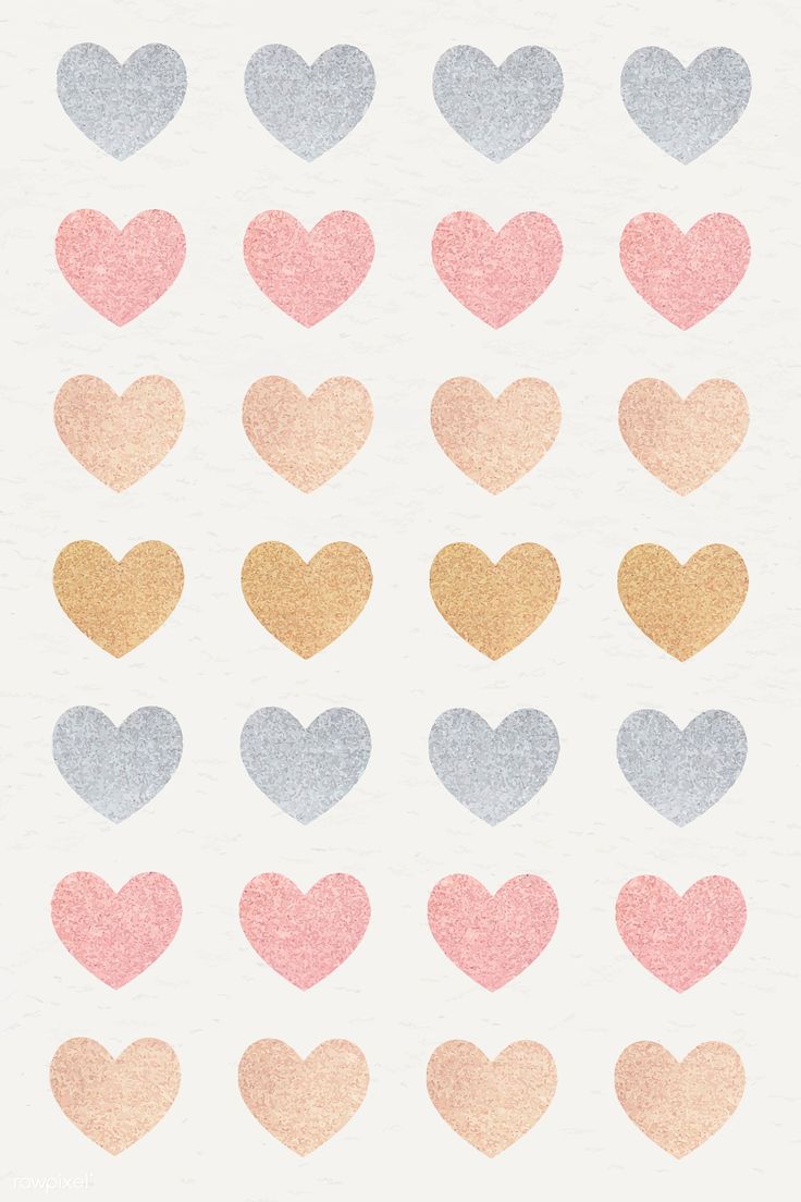 hearts are arranged in different colors and sizes on a white paper background with gold foil