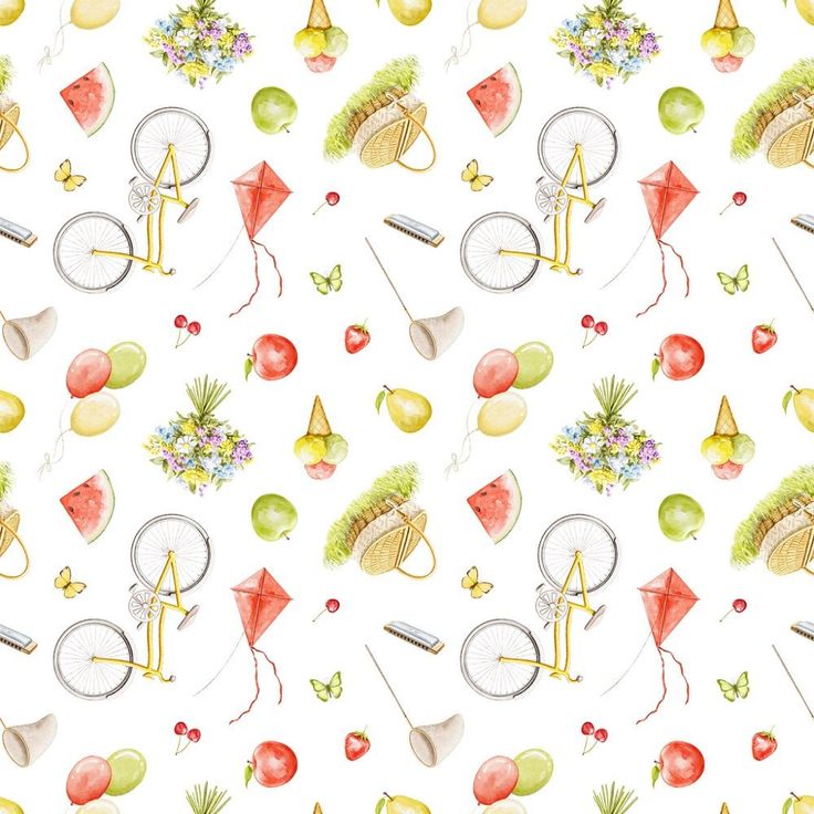 a watercolor pattern with various items on it