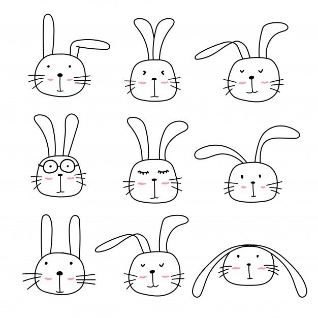 hand drawn rabbit faces with different facial expressions