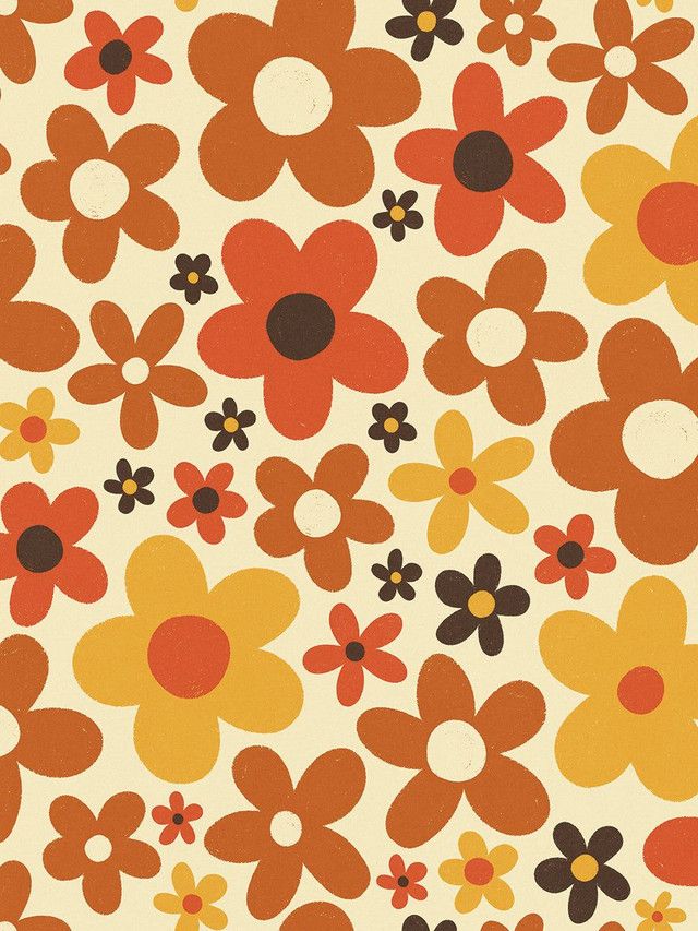 an orange and black flower pattern on a white background with red, brown, yellow, and green flowers