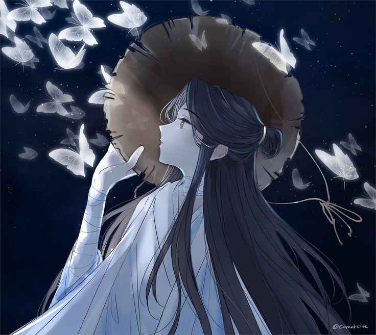 a woman with long black hair standing in front of butterflies flying above her head and looking up at the sky