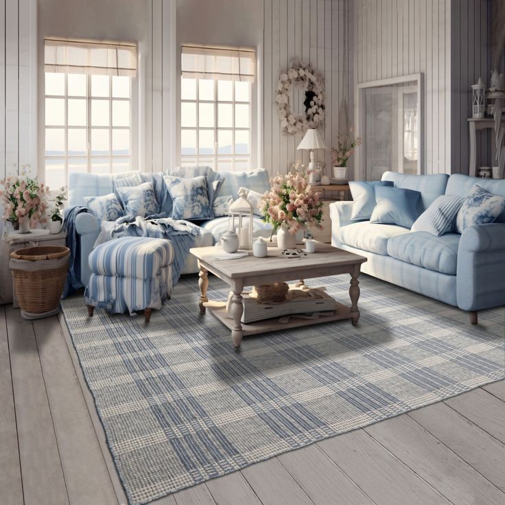 a living room filled with blue couches and chairs