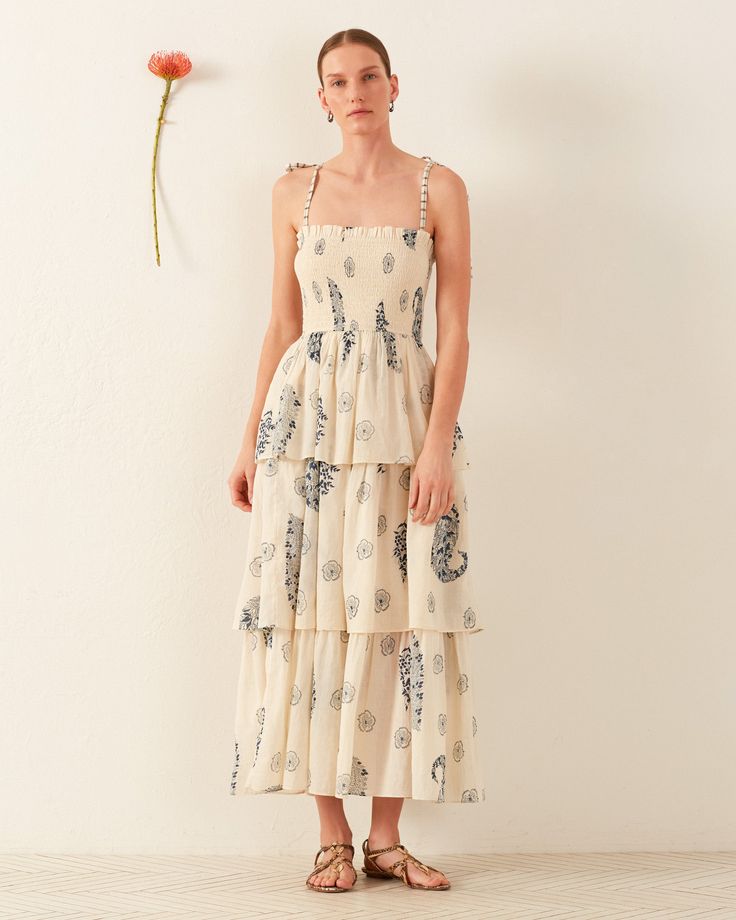 A model poses against a light background wearing the Kaia Porcelain Tier Dress Tier Dress, Summer Favorites, French Seam, Circle Pattern, Ruffle Trim, Geometric Print, Bodice, Sleeveless Dress, Going Out