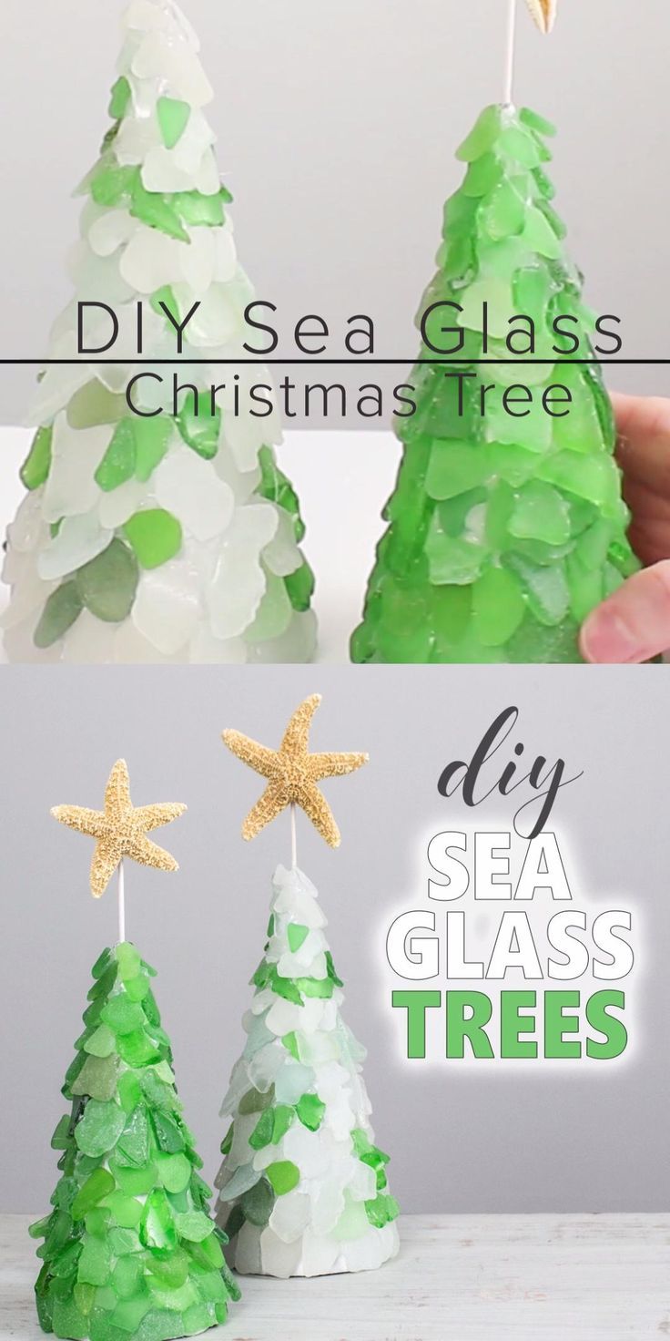 the diy sea glass christmas tree is made with green and white paper, stars on top