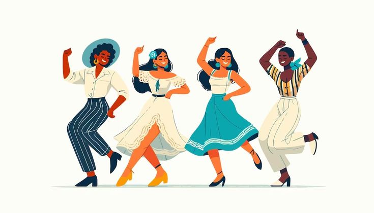 four women in dresses are dancing with their hands up and one is wearing a hat