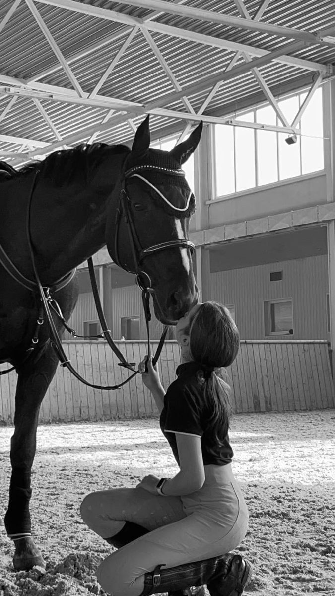 a woman kneeling down next to a horse in an indoor area with snow on the ground