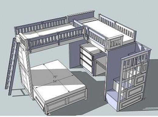 an image of bunk beds with mattresses and ladders on the bottom level in this drawing