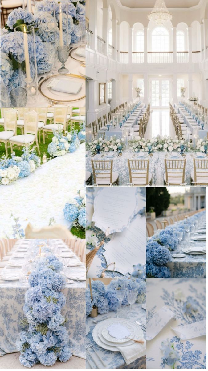 blue and white wedding decor in a large room