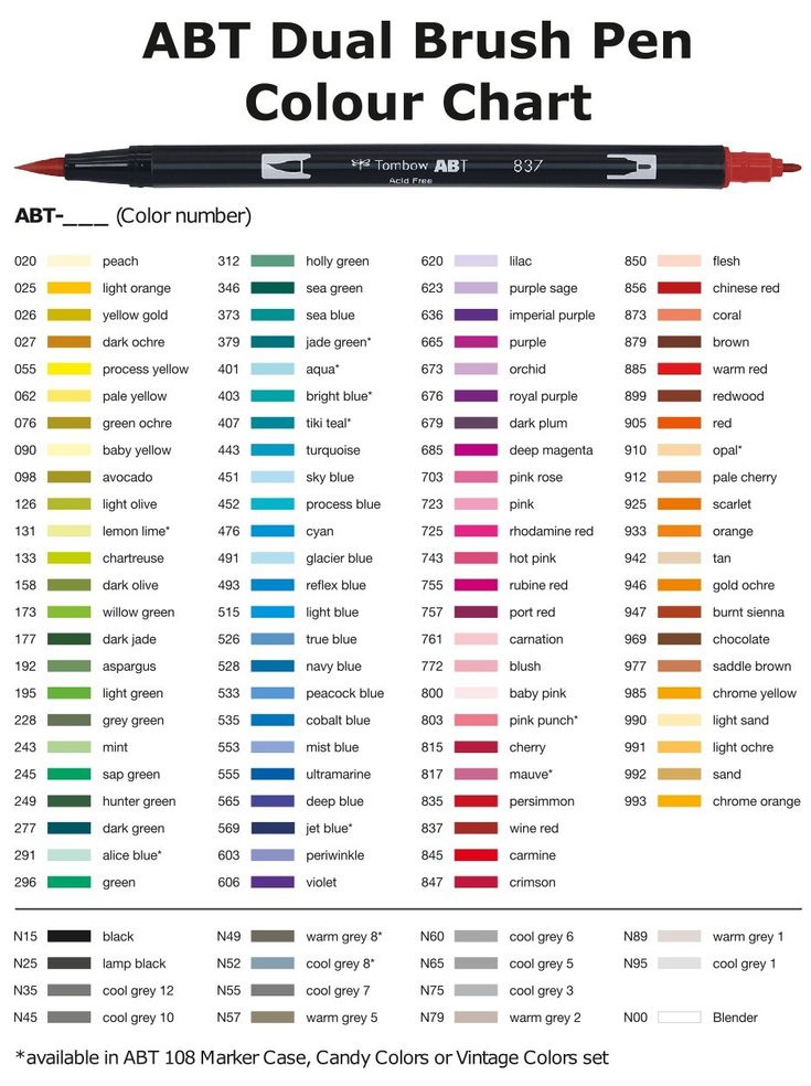 the color chart for an abt dual brush pen, with different colors and sizes