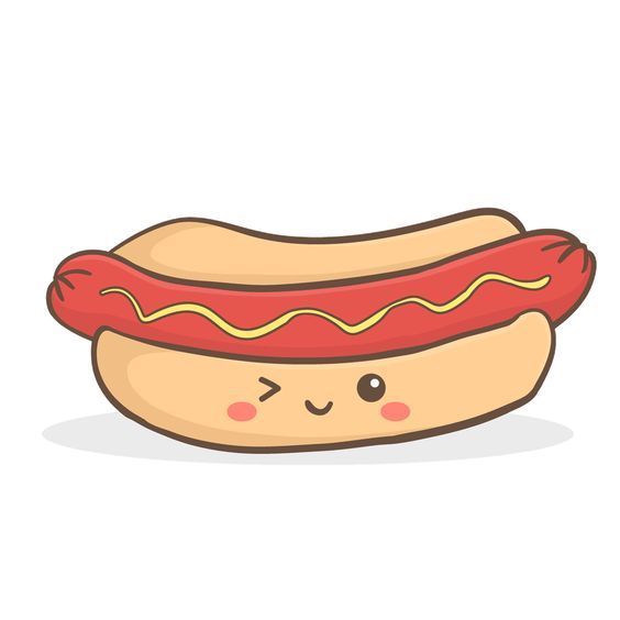 a cartoon hot dog with mustard and ketchup