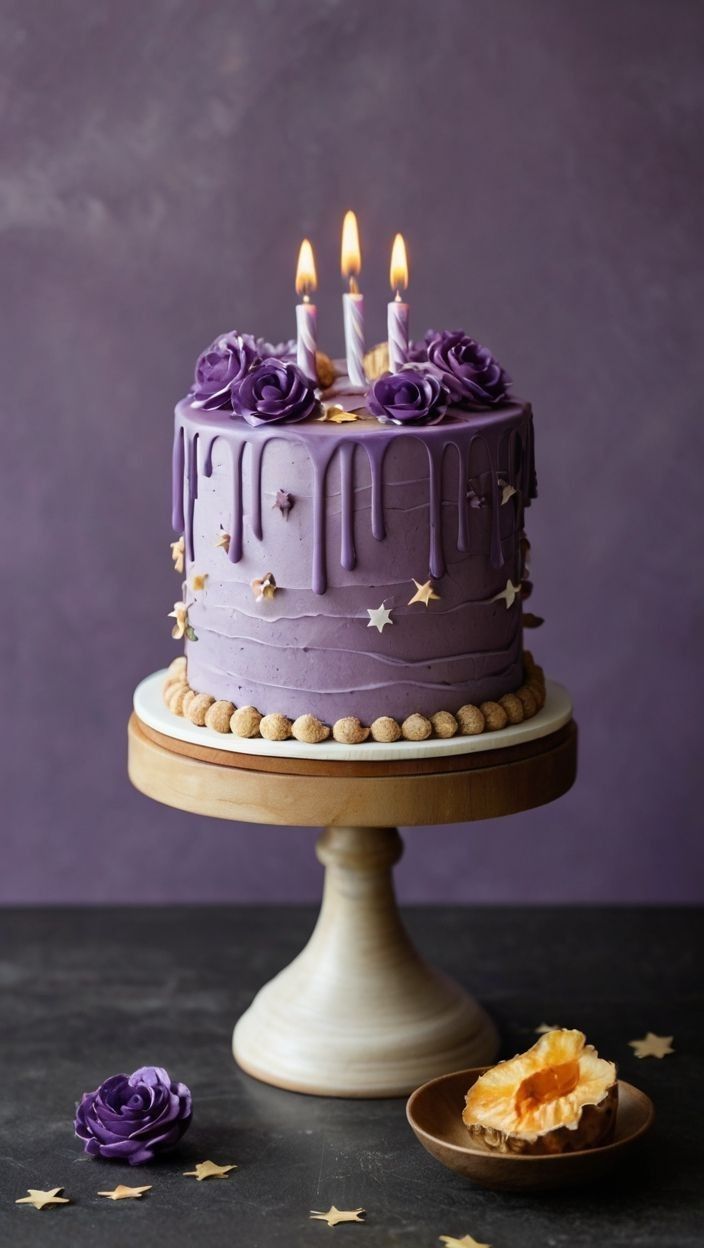 a purple cake with three lit candles on top