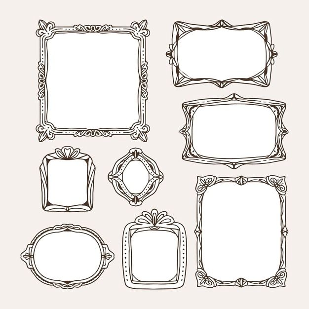 a set of ornate frames with decorative ornaments on the edges, hand drawn in black and white