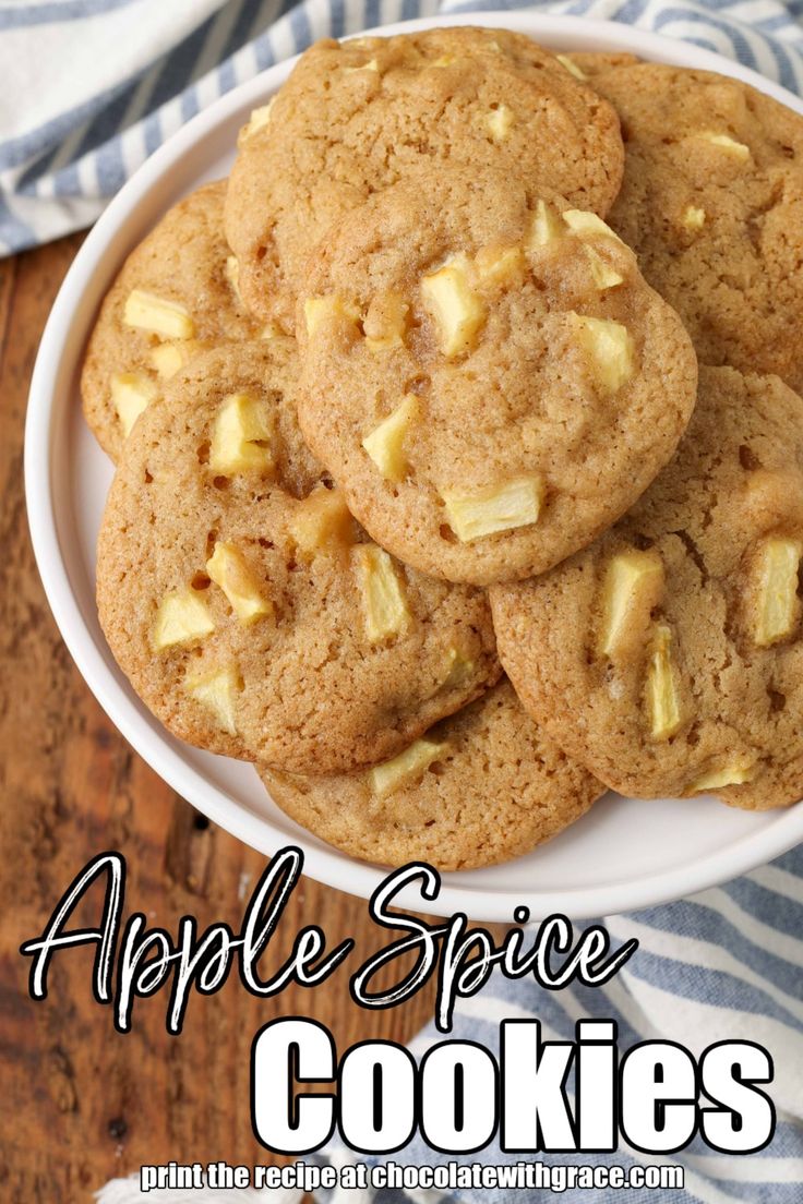 apple spice cookies in a white bowl on a wooden table