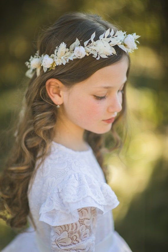 Communion Flower Wreath With White Peonies Hair Crown for | Etsy Communion Hair, First Communion Hairstyles, Communion Headpiece, Communion Hairstyles, Ivory Wedding Flowers, Flower Wreath Hair, First Communion Veils, Communion Veils, First Communion Decorations