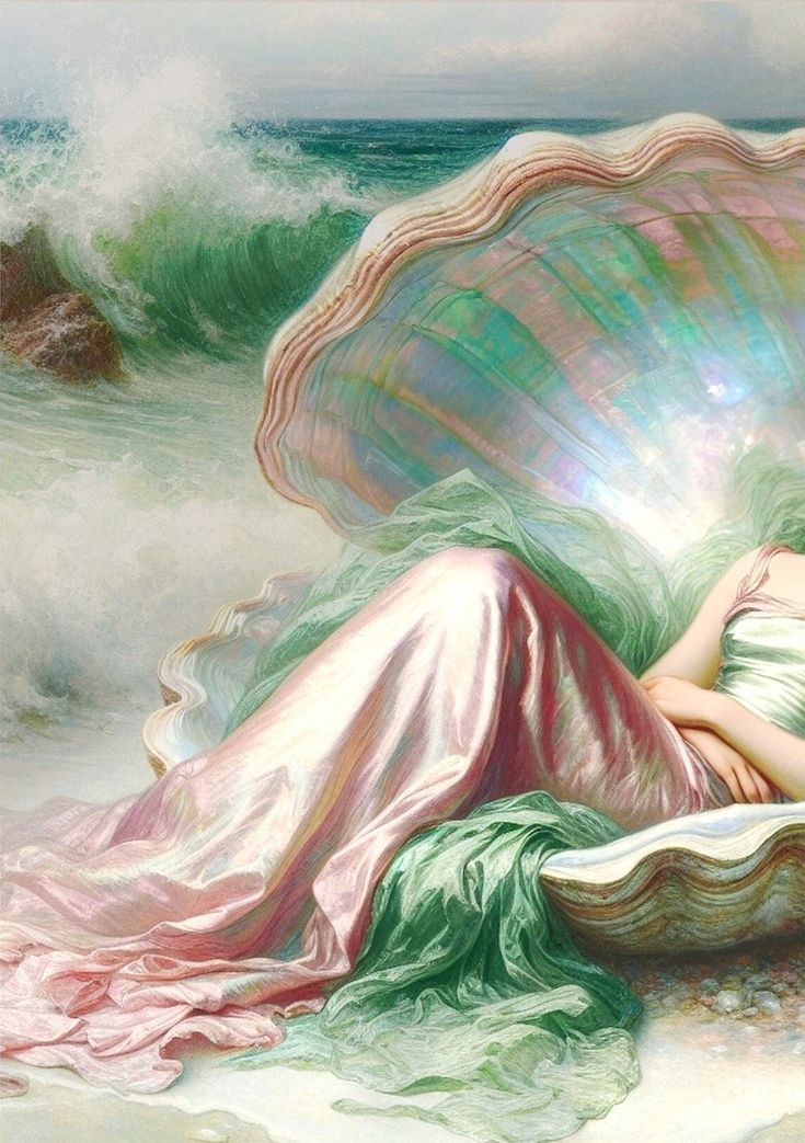 a painting of a woman laying on top of a shell