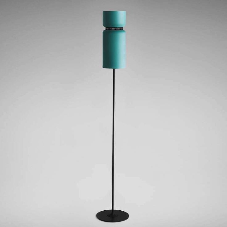 a blue floor lamp on a black stand