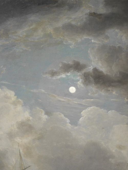 a painting of a boat in the ocean under a cloudy sky with a full moon