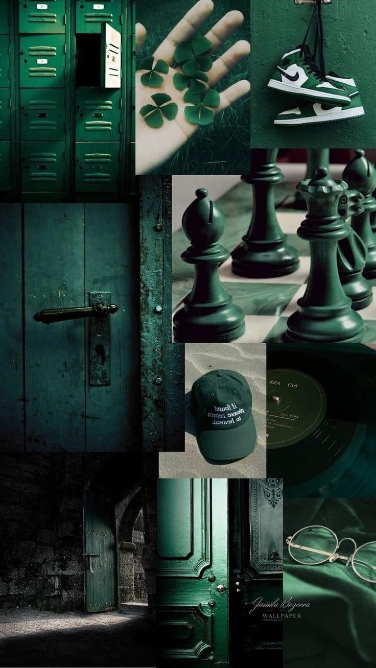 a collage of photos with green and black items on them, including chess pieces