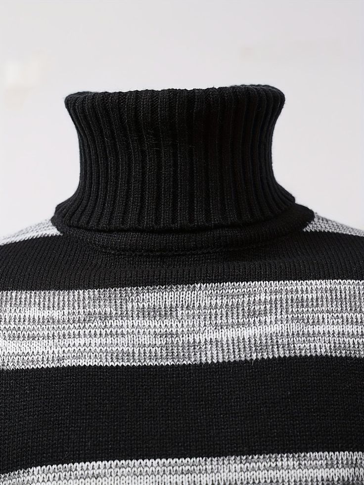 Length:RegularDetails:NonePatterned:StripedSheer:NoFabric:Slight StretchCollar Style:High neckSeasons:All-seasonCare Instructions:Hand wash or professional dry cleanStyle:CasualOther Material:AcrylicMaterial:AcrylicComposition:100% AcrylicWeaving Method:Knit FabricItem ID:YT16110 There maybe 1-2 cm deviation in different sizes, locations and stretch of fabrics. Size chart is for reference only, there may be a little difference with what you get. There are 3 kinds of elasticity: High Elasticity ( Black Turtleneck Sweater With Ribbed Cuffs, Black Turtleneck Outerwear, Black Sweater With Ribbed Cuffs For Fall, Black Knitted Tops For Winter, Black Ribbed Cuffs Sweater For Fall, Black Turtleneck Sweater With Ribbed Collar, Black Knitted Crew Neck Outerwear, Winter Striped Fitted Sweater, Black Knitted Turtleneck Top