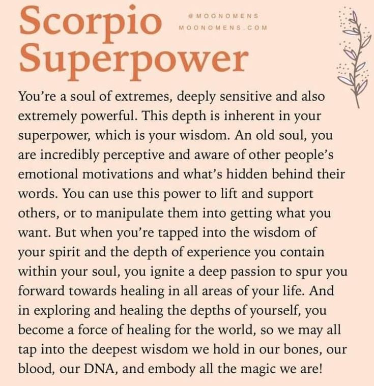 a poem written in orange and pink with the words scorpio super power on it