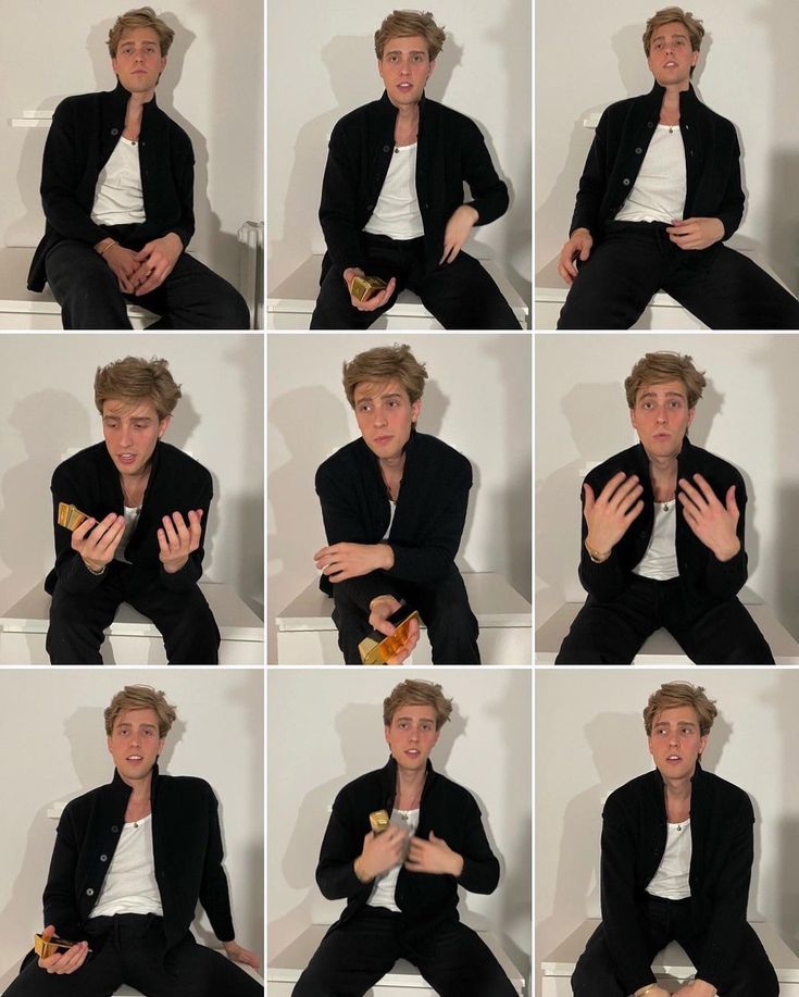 multiple pictures of a man sitting down with his hands on his chest and fingers in the air