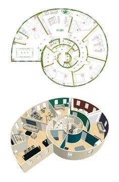 the floor plan for an office with two circular rooms and one round room on each side