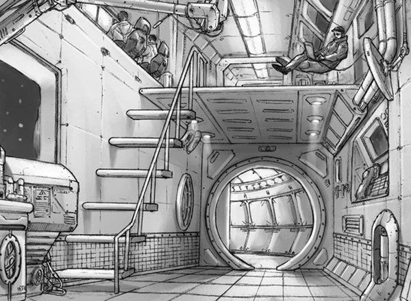 a drawing of a sci - fi space station with stairs leading up to the exit