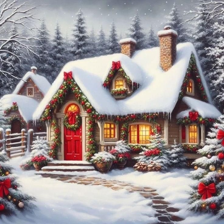 a painting of a christmas house in the snow